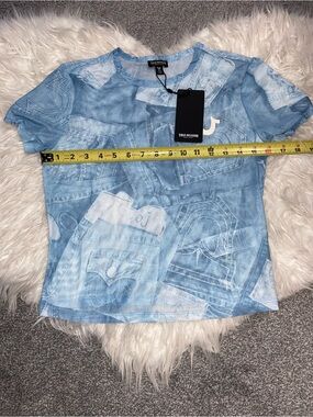 True Religion Blue Denim Print Crewneck Mesh Tee